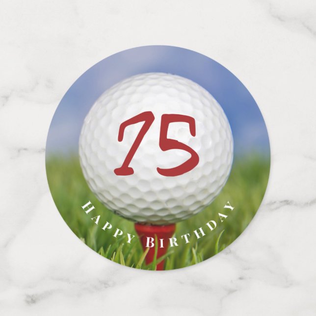 75th birthday golf ball on red tee confetti (Medium Front)