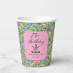 75th Birthday Golf Pink Green Preppy Print Paper Cups