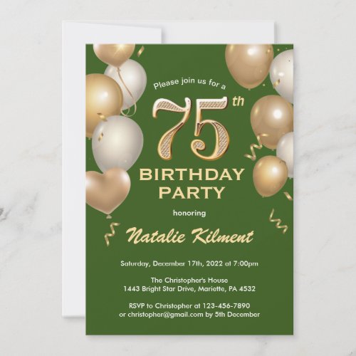 75th Birthday Green and Gold Glitter Balloons Invitation