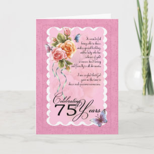 75th birthday greeting card - roses and butterfly