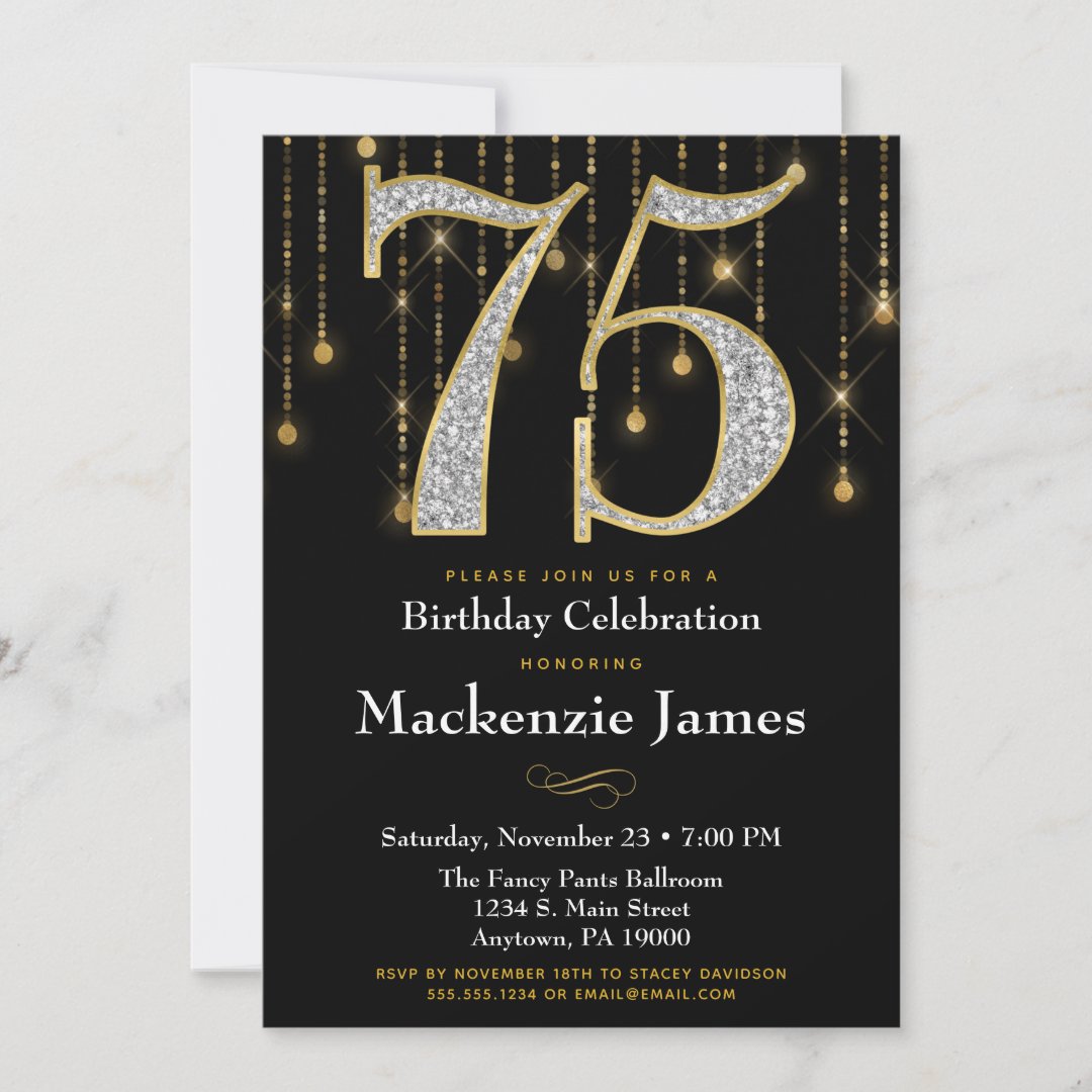 75th Birthday Invitation Black Gold Diamonds Adult | Zazzle