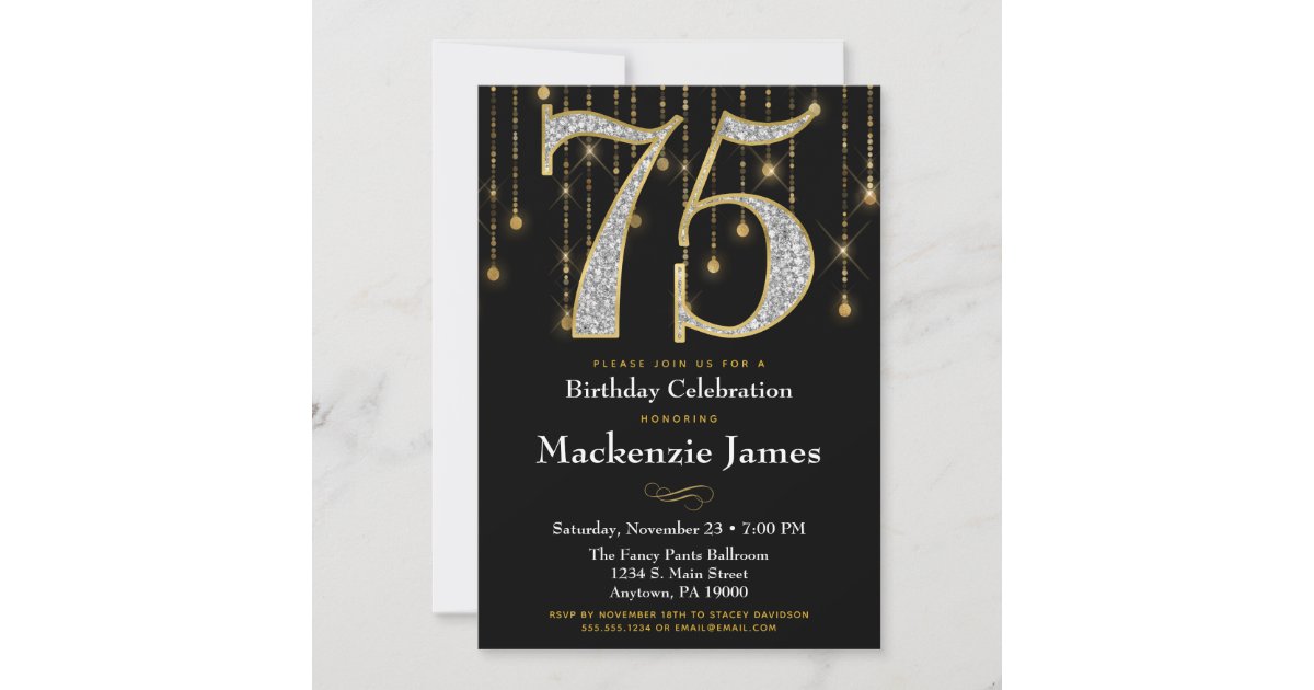 75th Birthday Invitation Black Gold Diamonds Adult | Zazzle