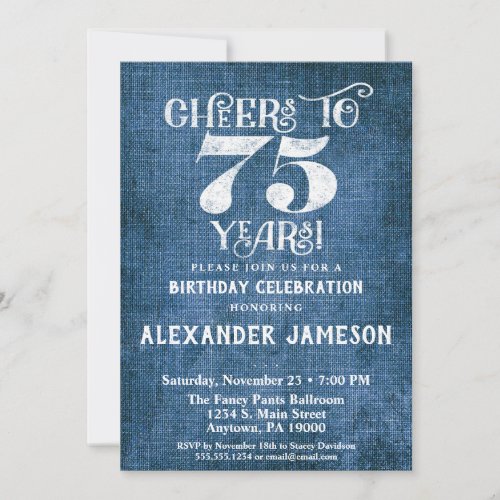 75th Birthday Invitation Blue Linen Rustic Cheers