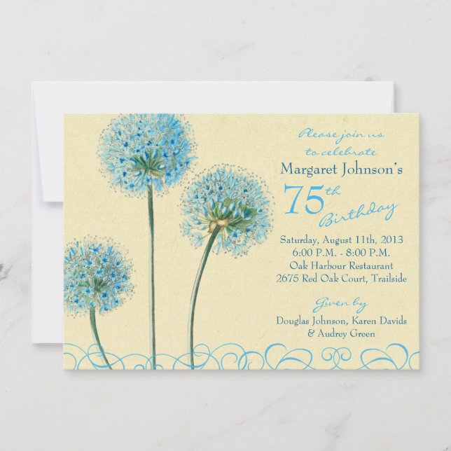 75th Birthday Invitation | Blue Vintage Floral (Front)