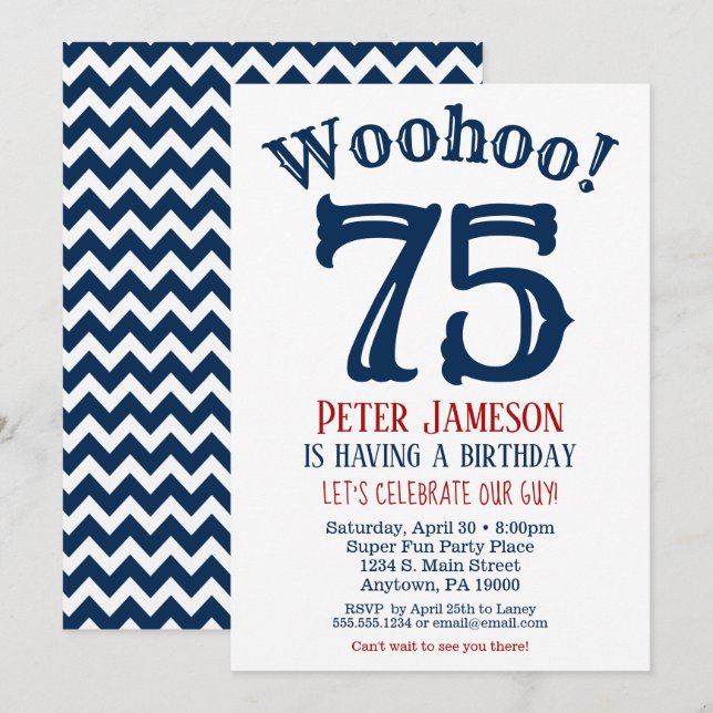 75th Birthday Invitation Mens Navy Blue (Front/Back)