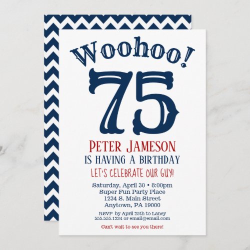 75th Birthday Invitation Mens Navy Blue