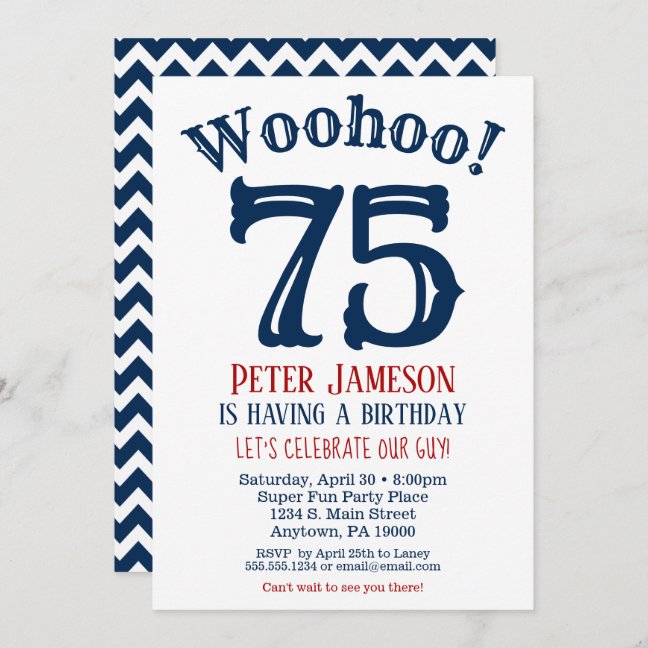 75th Men's Birthday Invitation - Blue Chevron