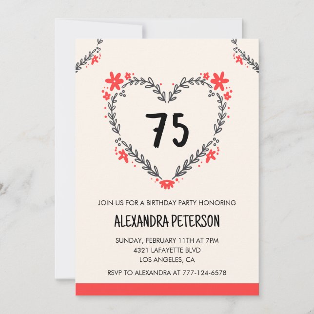 75th birthday invitations for her floral heart (Front)