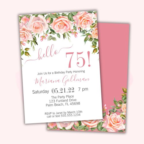 75th Birthday Invitations Pink Floral Modern Party