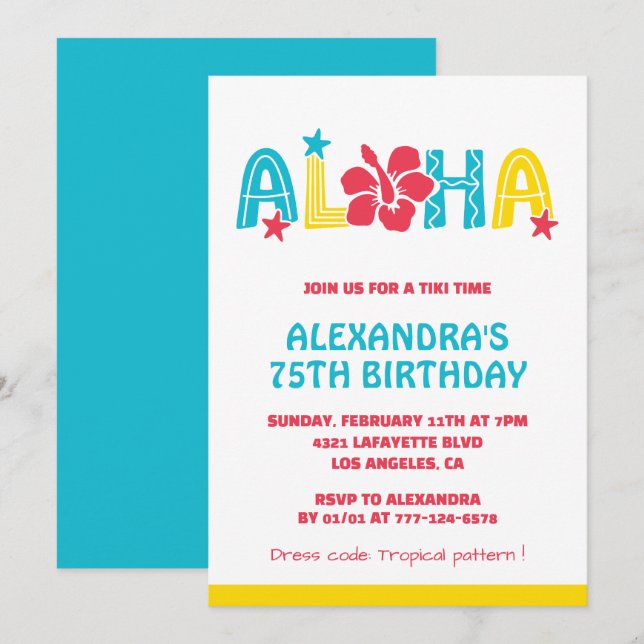 75th birthday invitations Tropical Aloha Hawaiian (Front/Back)