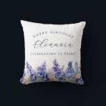 75th Birthday July Birth Flower Gift Custom Throw Pillow<br><div class="desc">Elegant summer watercolor blue larkspur flowers create a beautiful floral border at the bottom of this July Birth Flower gift. Larkspur or delphinium flowers are the July birth flower. A trendy font combination gives it a modern aesthetic. All of the text is editable.</div>