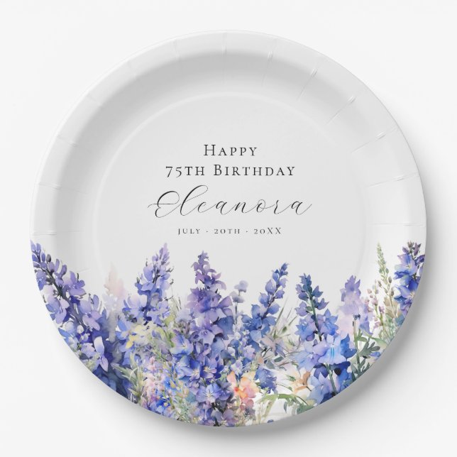 75th Birthday July Birth Flower Larkspur Custom Paper Plates (Front)