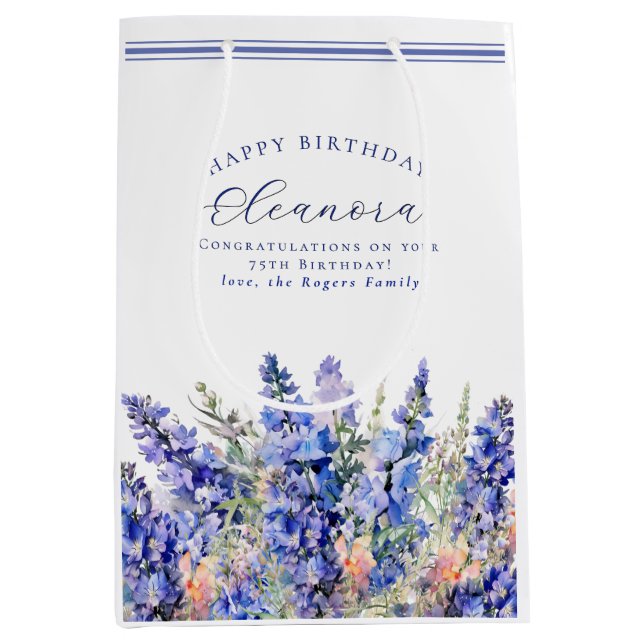 75th Birthday July Birth Month Flower Blue Medium Gift Bag (Front)