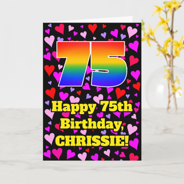 75th Birthday: Loving Hearts Pattern, Rainbow # 75 Card (Yellow Flower)