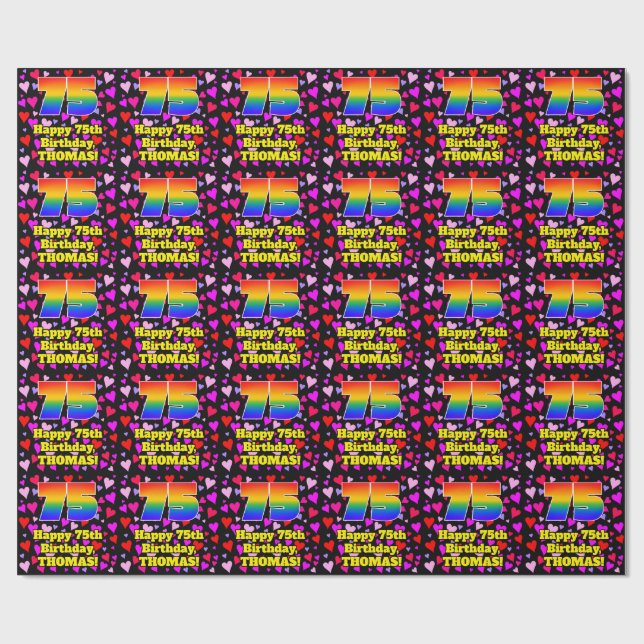 75th Birthday: Loving Hearts Pattern, Rainbow # 75 Wrapping Paper (Flat)