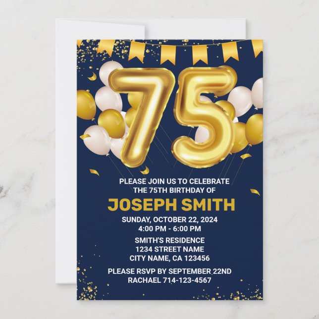 75th Birthday Milestone Birthday Invitation  (Front)