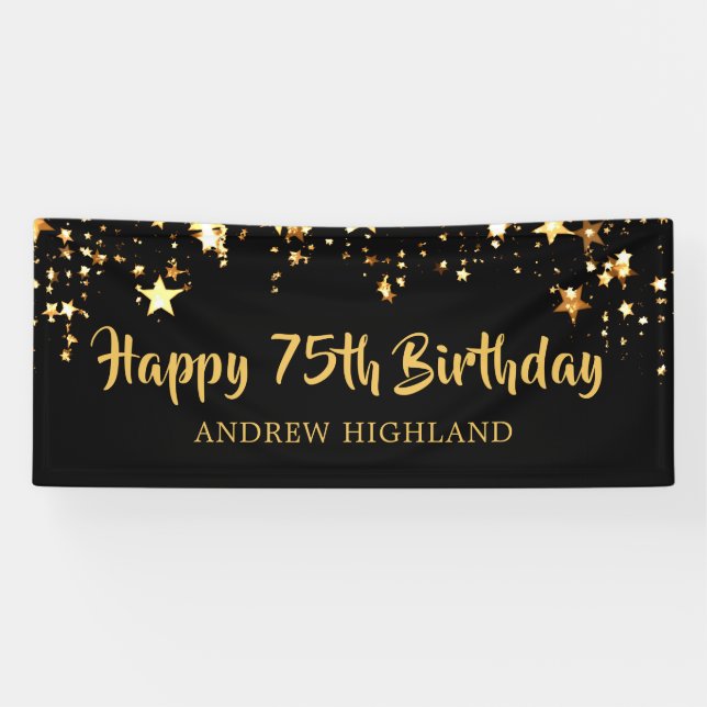 75th Birthday Modern Black Gold Stars Personalized Banner (Horizontal)
