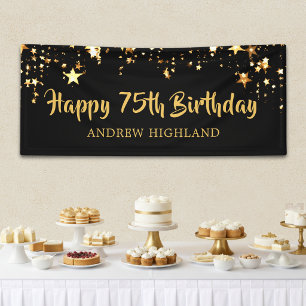 75th Birthday Modern Black Gold Stars Personalized Banner