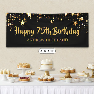 75th Birthday Modern Black Gold Stars Personalized Banner