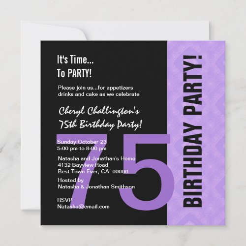 75th Birthday Modern Purple Black C848 Invitations