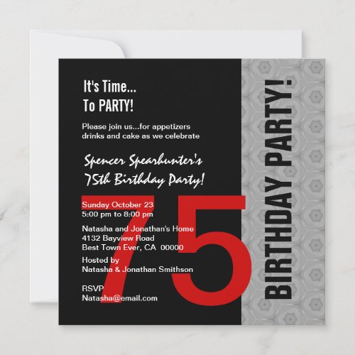 75th Birthday Modern Red Silver Black C846 Personalized Announcements