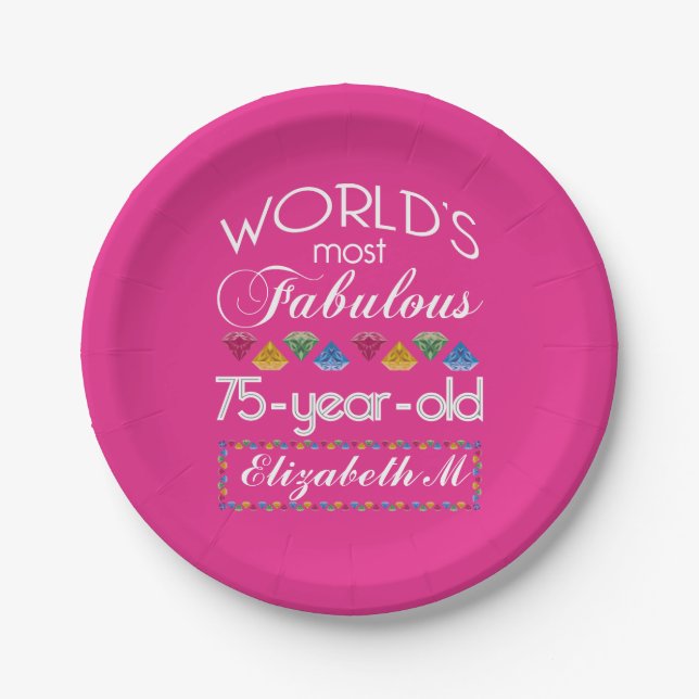 75th Birthday Most Fabulous Colorful Gems Pink Paper Plates (Front)