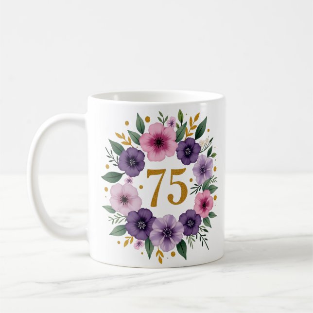 75th Birthday Mug – Floral Wreath with Gold Number (Left)