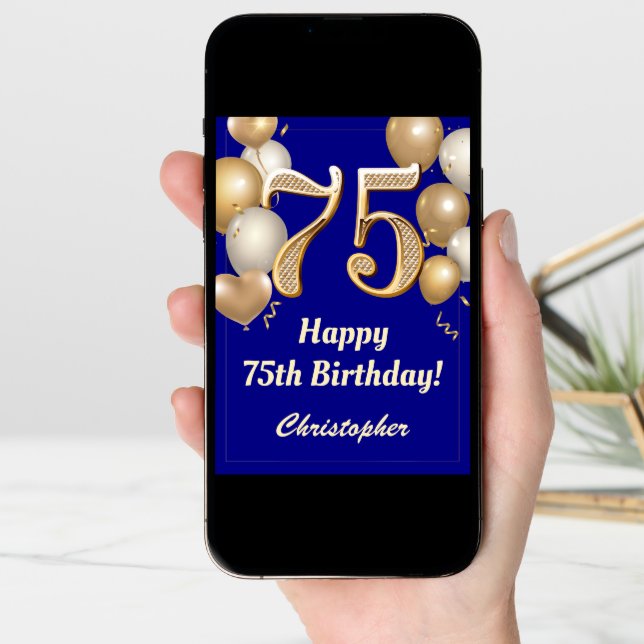 75th Birthday Navy Blue and Gold Balloons Confetti Card (Front Digital)
