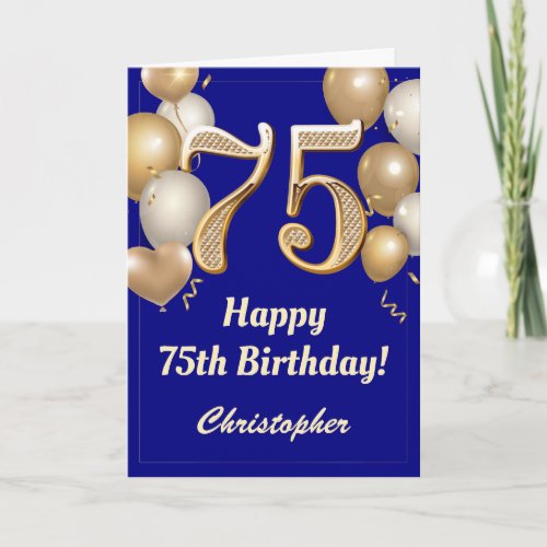 75th Birthday Navy Blue and Gold Balloons Confetti Card