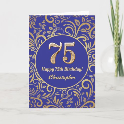 75th Birthday Navy Blue and Gold Floral Pattern Card