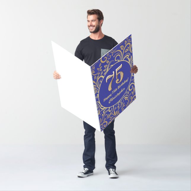75th Birthday Navy Blue and Gold Floral Pattern Card (In Situ)