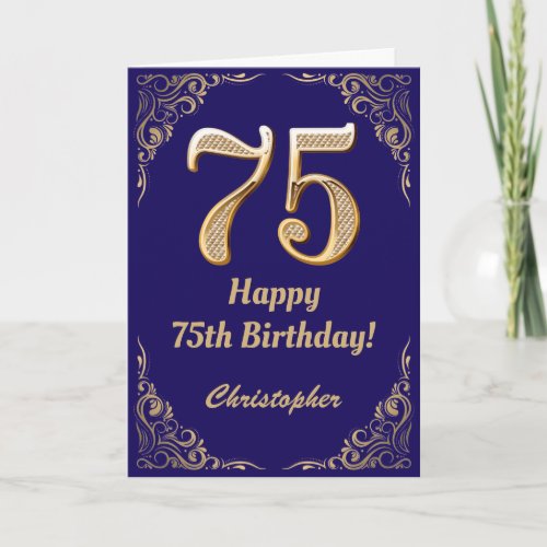 75th Birthday Navy Blue and Gold Glitter Frame Card