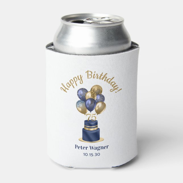 75th Birthday Navy Blue Balloon Cake Can Cooler (Can Front)