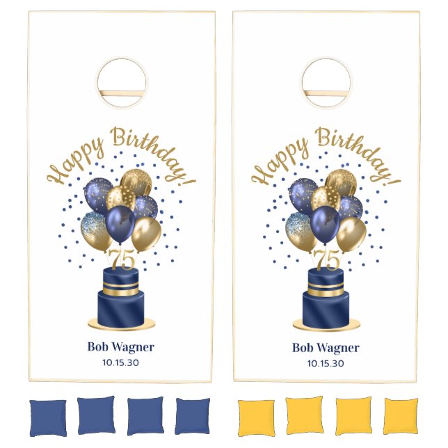 75th Birthday Navy Blue Balloon Cake Cornhole Set (Set)