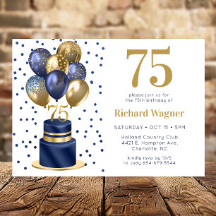 75th Birthday Navy Blue Balloon Cake Invitation