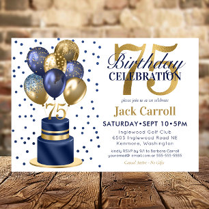 75th Birthday Navy Blue Balloon Cake Invitation