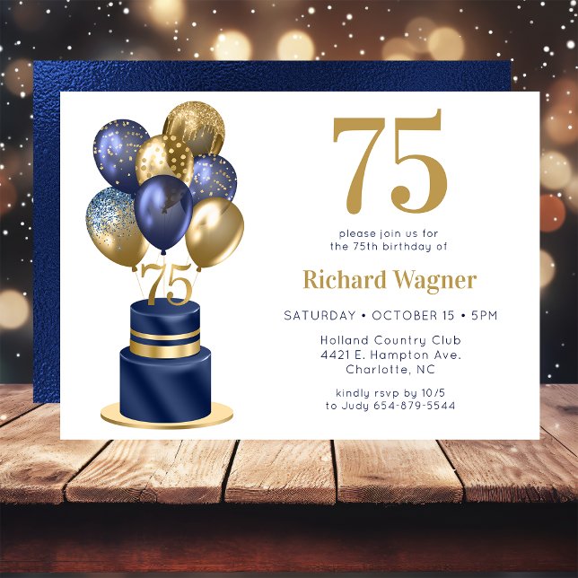 75th Birthday Navy Blue Balloon Cake Invitation (Creator Uploaded)