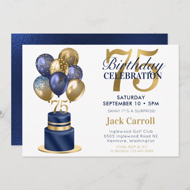 75th Birthday Navy Blue Balloon Cake Invitation (Front/Back)