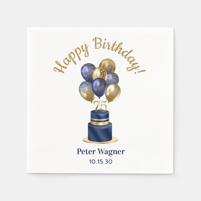 75th Birthday Navy Blue Balloon Cake Napkins (Front)
