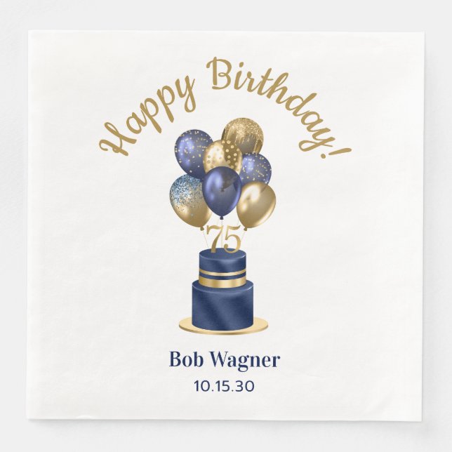 75th Birthday Navy Blue Balloon Cake Paper Dinner Napkins (Front)