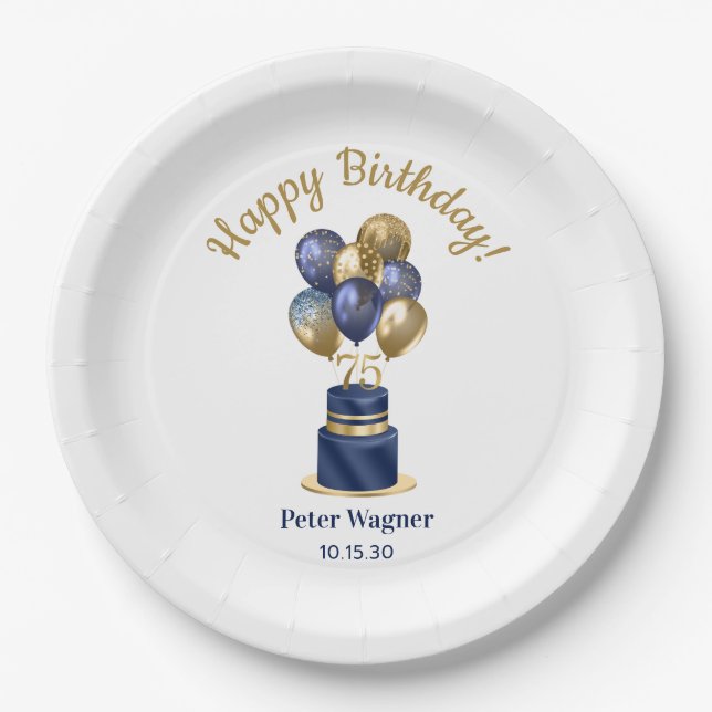 75th Birthday Navy Blue Balloon Cake Paper Plates (Front)