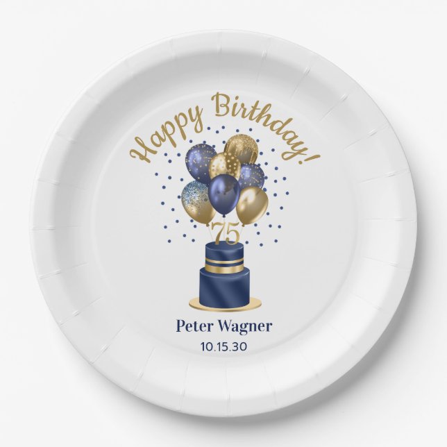 75th Birthday Navy Blue Balloon Cake Paper Plates (Front)