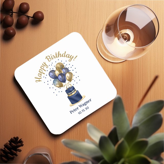 75th Birthday Navy Blue Balloon Cake Square Paper Coaster (Creator Uploaded)