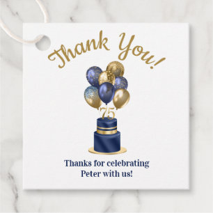 75th Birthday Navy Blue Balloon Cake Thank You Favor Tags