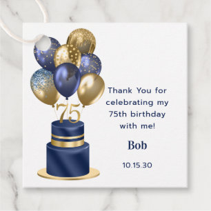 75th Birthday Navy Blue Balloon Cake Thank You Favor Tags