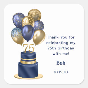 75th Birthday Navy Blue Balloon Cake Thank You Square Sticker
