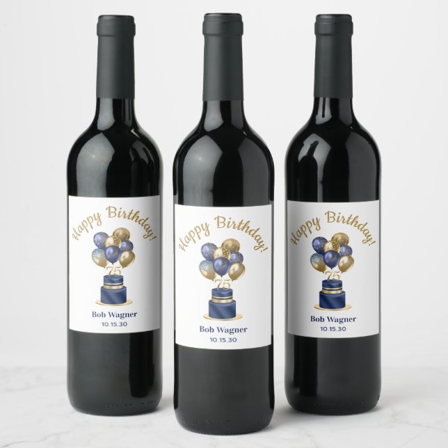 75th Birthday Navy Blue Balloon Cake Wine Label (Bottles)