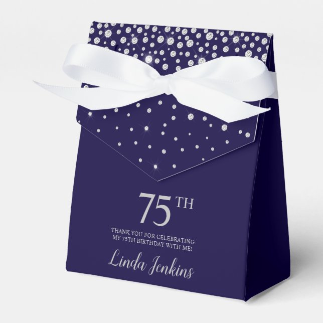 75th Birthday Navy Blue Sparkly Thank You Favor Boxes (Front Side)