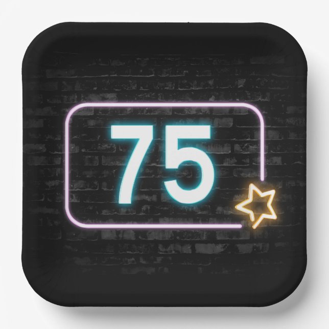 75th Birthday Neon Sign On Brick Paper Plates (Front)