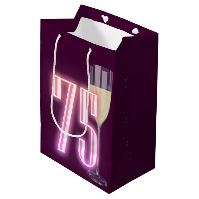 75th Birthday Neon Sign with Wine Medium Gift Bag (Front Angled)